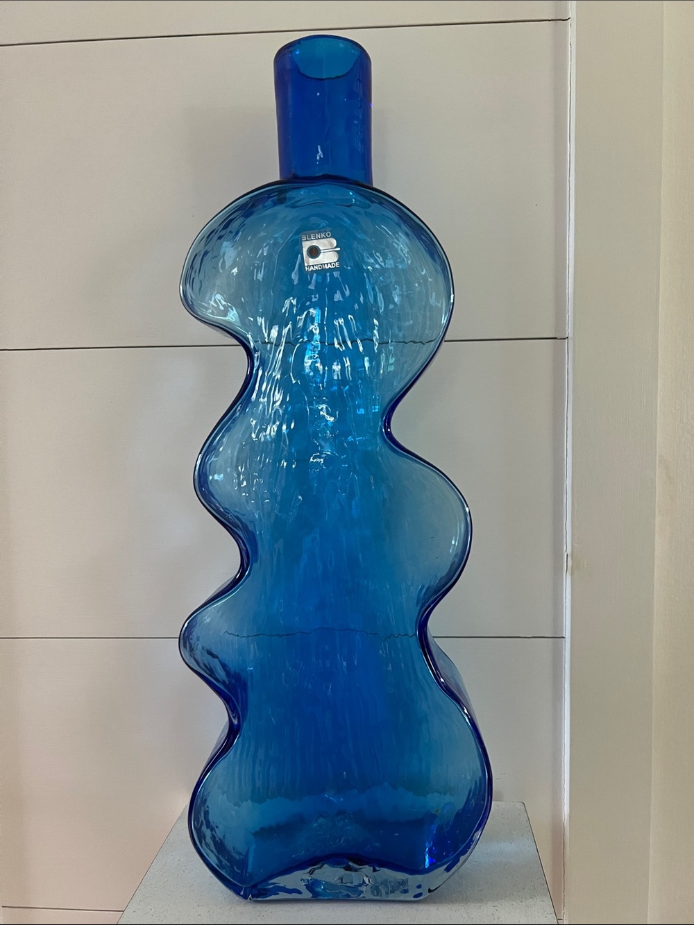 Blenko Art Glass Vintage LARGE (16") Cobalt Blue Hand Blown Wiggle Puzzle Vase